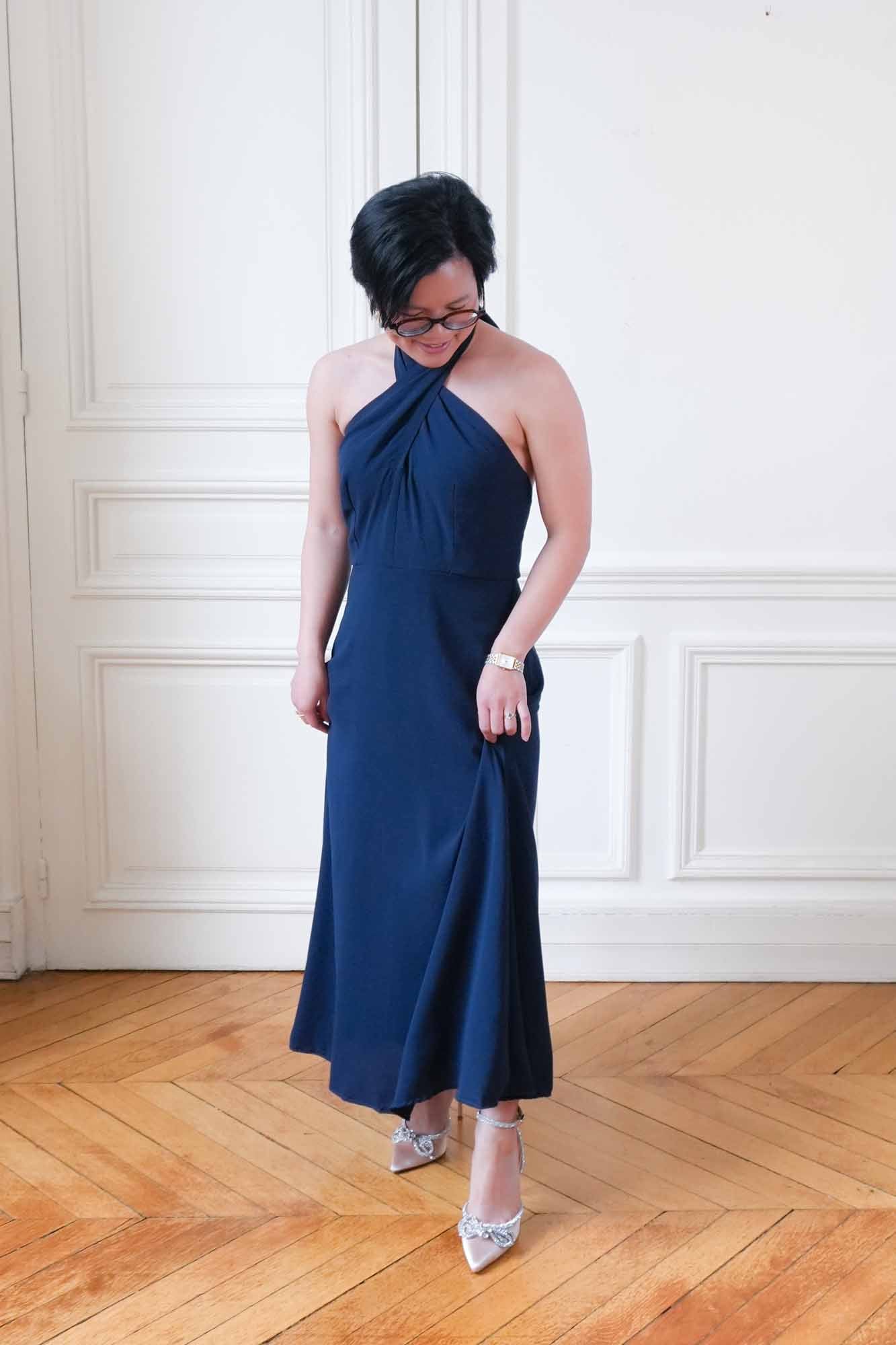 Patron de Couture Robe Invitée Mariage Dos Nu Foulard Sur-Mesure Bleu Marine par Charlotte Auzou